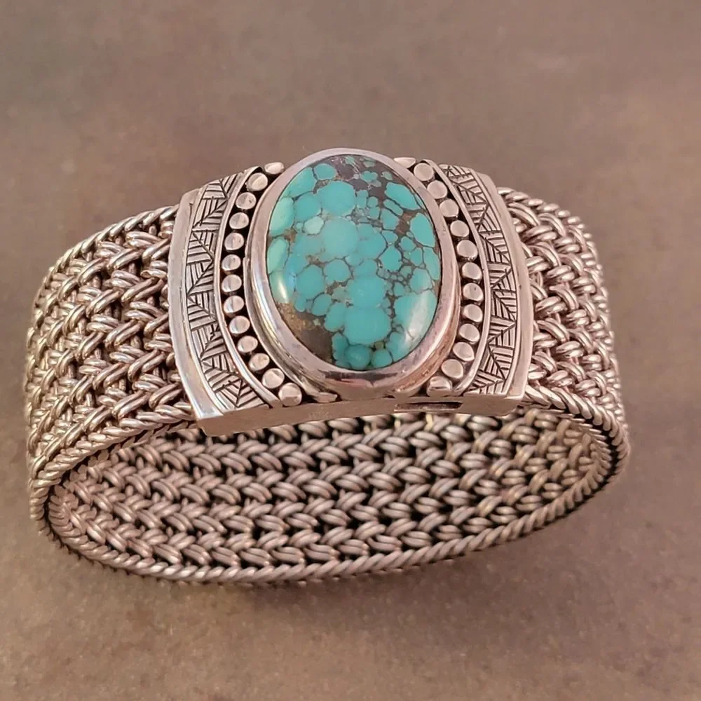 Sterling Heavy Turquoise Wide Woven Chain Toggle Bracelet
